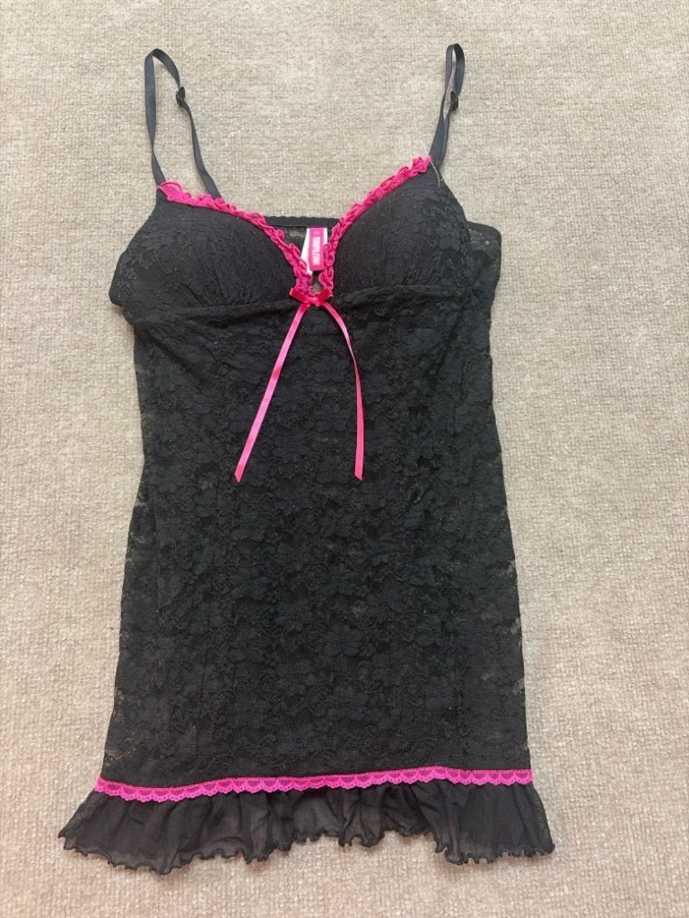 Cosmopolitan Black Lace Babydoll Lingerie Pink Trim Women’s M Chemise 0885